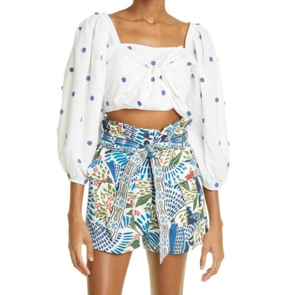 Farm Rio Blue Flowersโ Crop Top Large White Floral Embroidered Tie Front Beachy